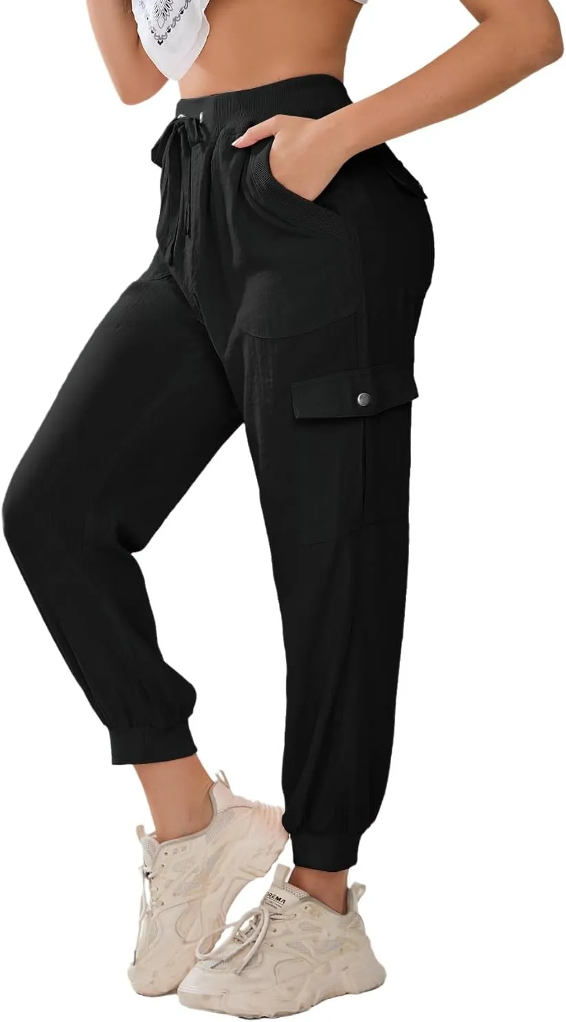 Women's Lightweight Hiking Cargo Pants Button Pockets Quick Dry Elastic Waist Casual Travel Sweatpants Joggers