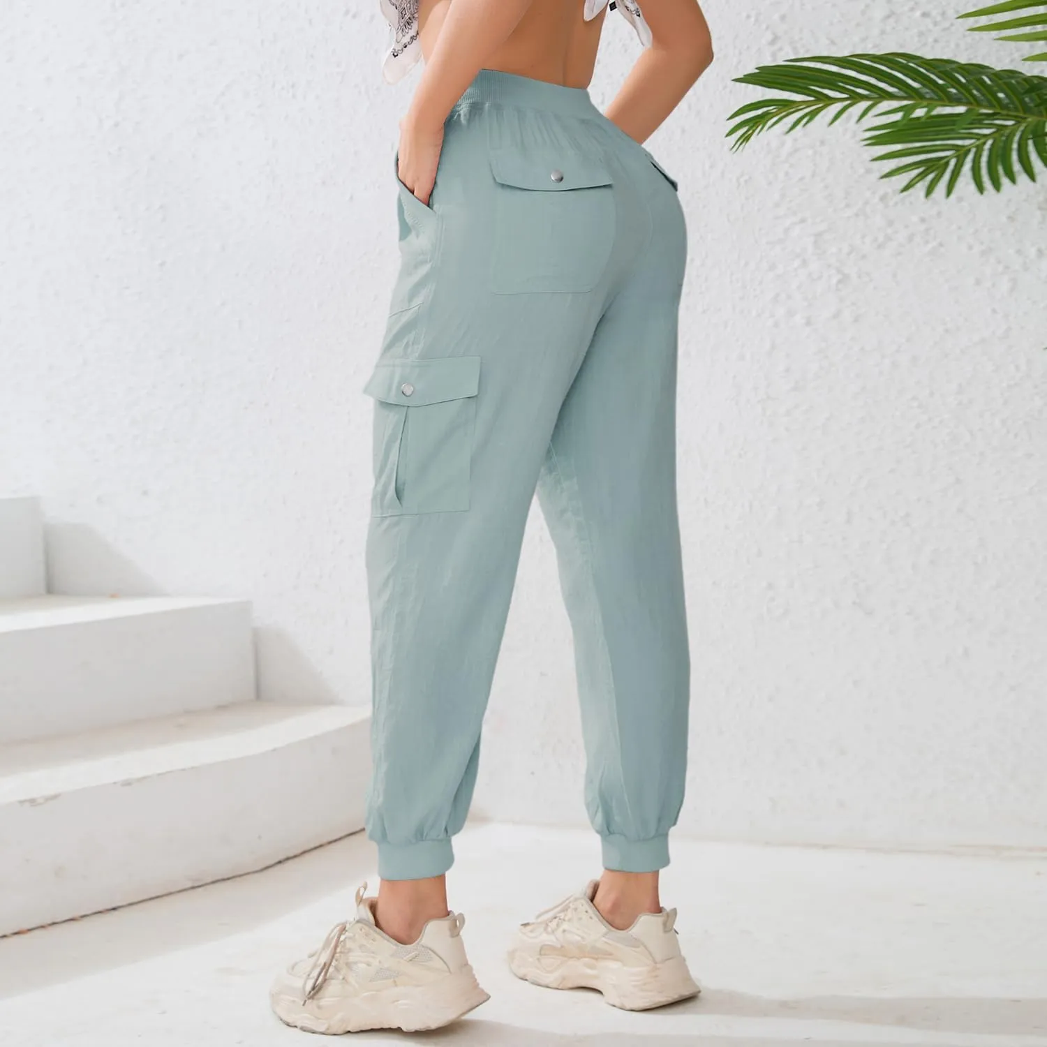 Women's Lightweight Hiking Cargo Pants Button Pockets Quick Dry Elastic Waist Casual Travel Sweatpants Joggers