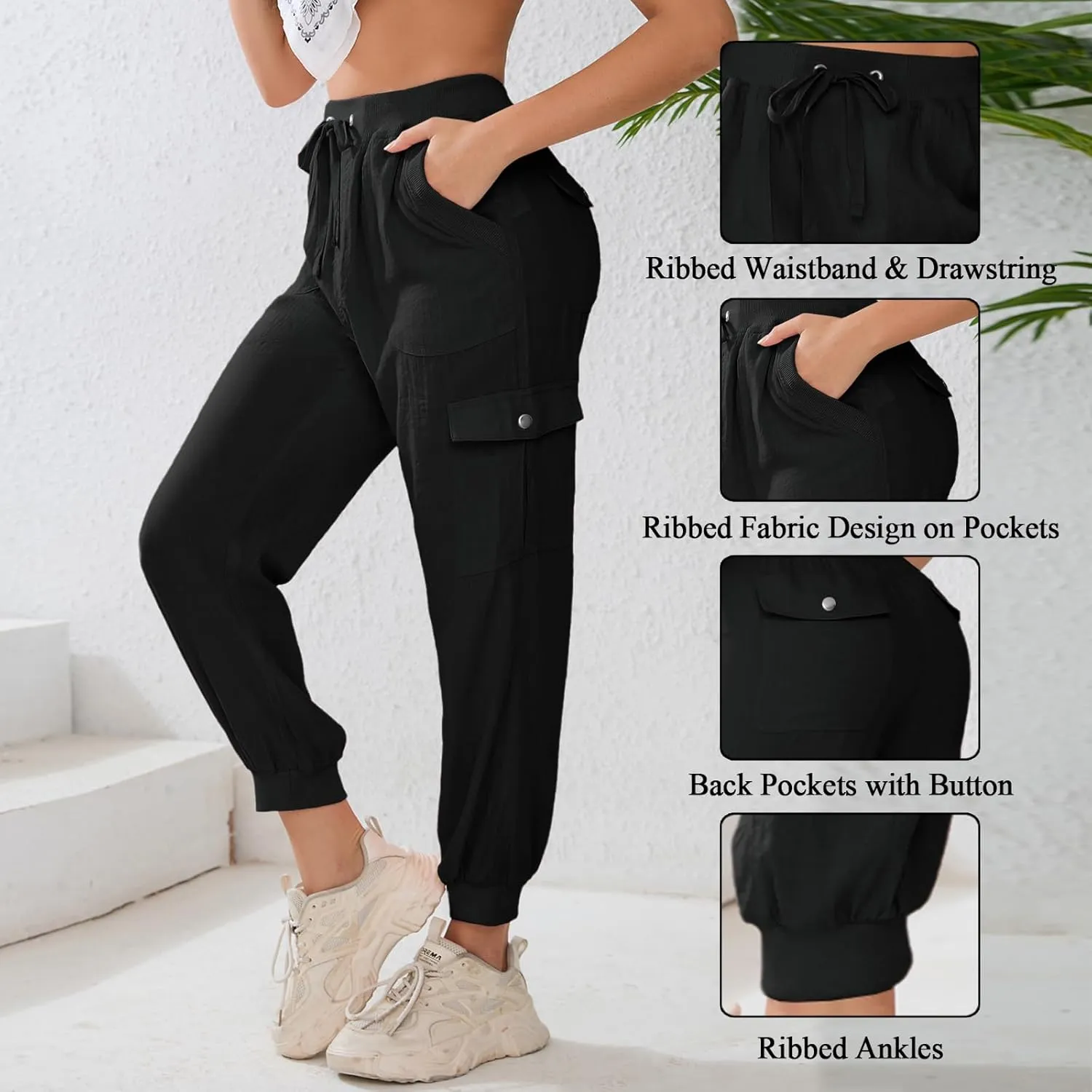 Women's Lightweight Hiking Cargo Pants Button Pockets Quick Dry Elastic Waist Casual Travel Sweatpants Joggers