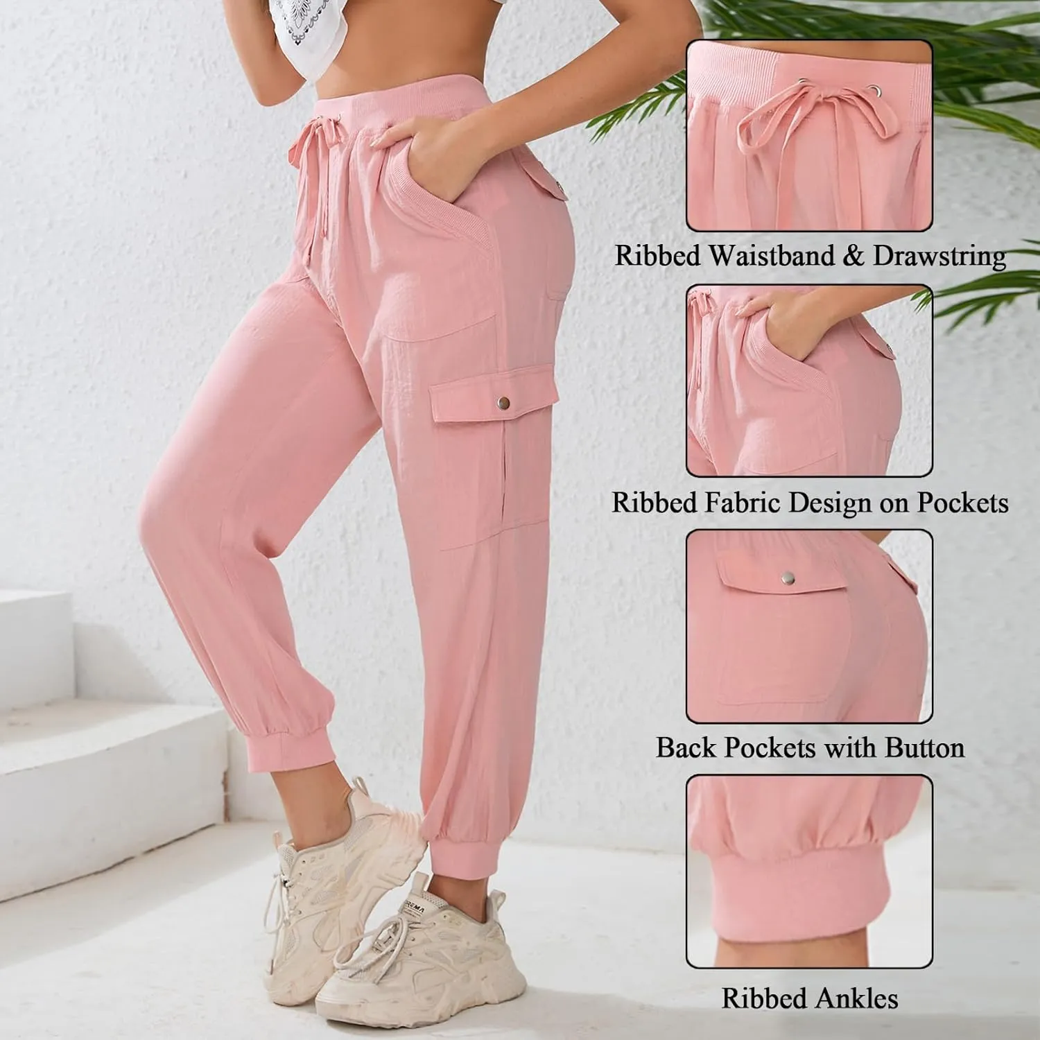 Women's Lightweight Hiking Cargo Pants Button Pockets Quick Dry Elastic Waist Casual Travel Sweatpants Joggers