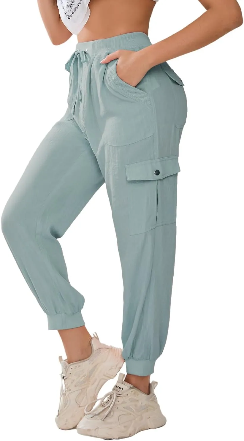 Women's Lightweight Hiking Cargo Pants Button Pockets Quick Dry Elastic Waist Casual Travel Sweatpants Joggers
