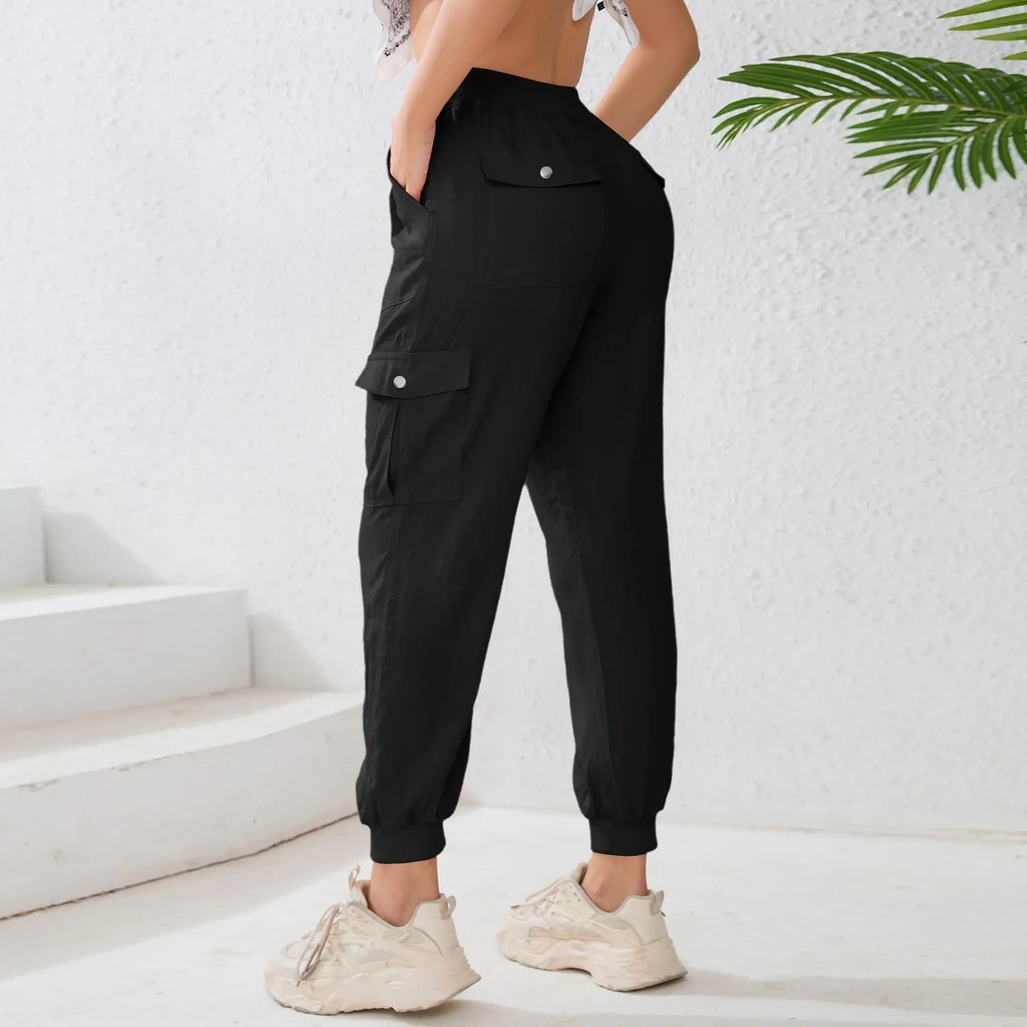Women's Lightweight Hiking Cargo Pants Button Pockets Quick Dry Elastic Waist Casual Travel Sweatpants Joggers