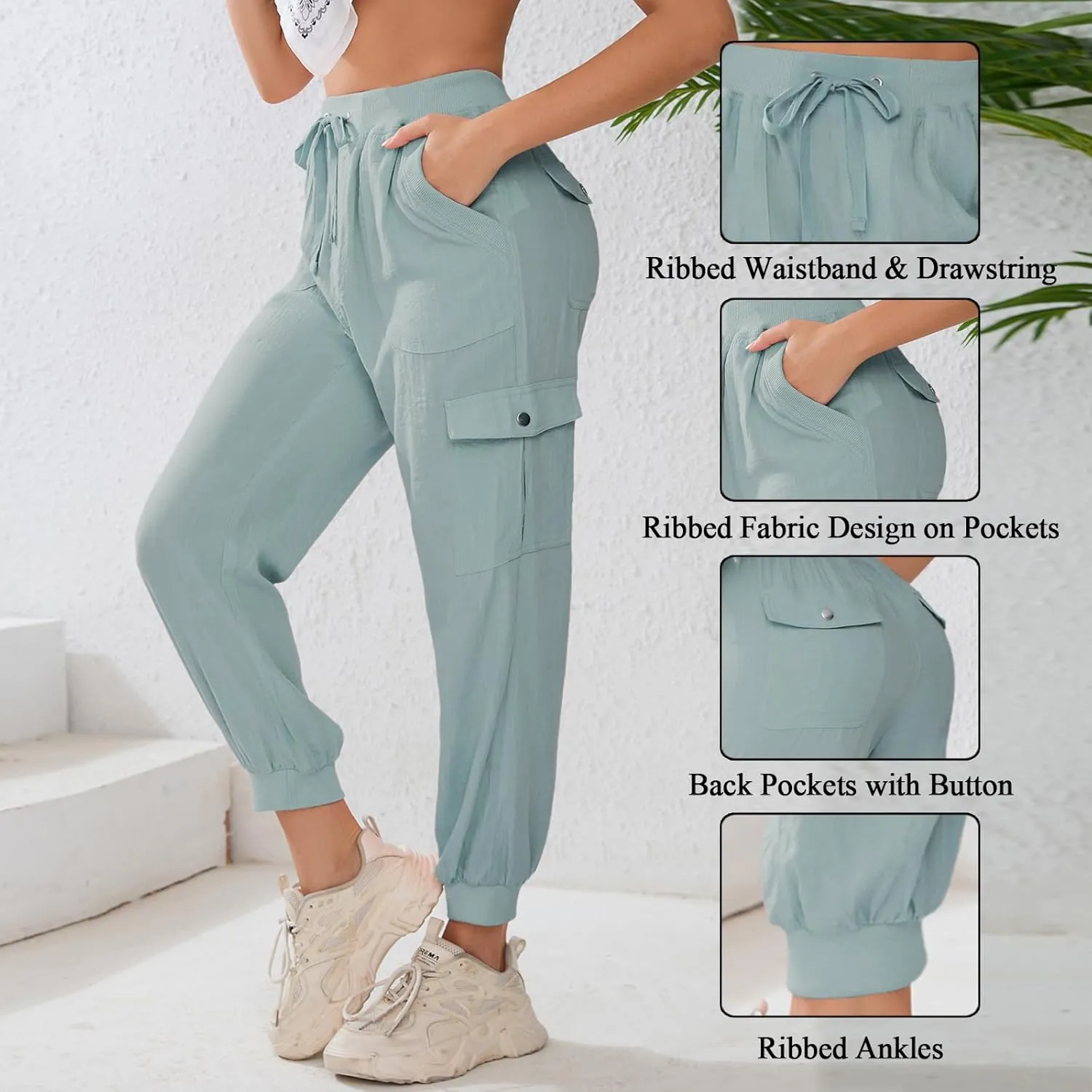 Women's Lightweight Hiking Cargo Pants Button Pockets Quick Dry Elastic Waist Casual Travel Sweatpants Joggers