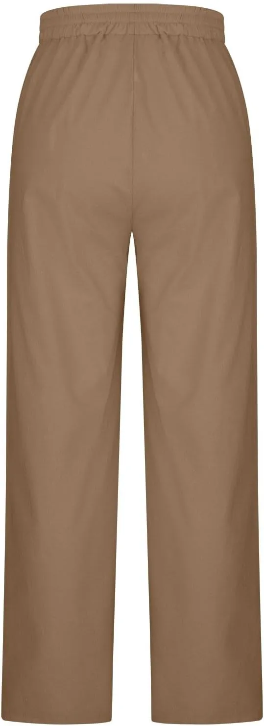 Womens Linen Pants Summer Boho Drawstring Elastic High Waist Loose Wide Leg Trousers with Pockets