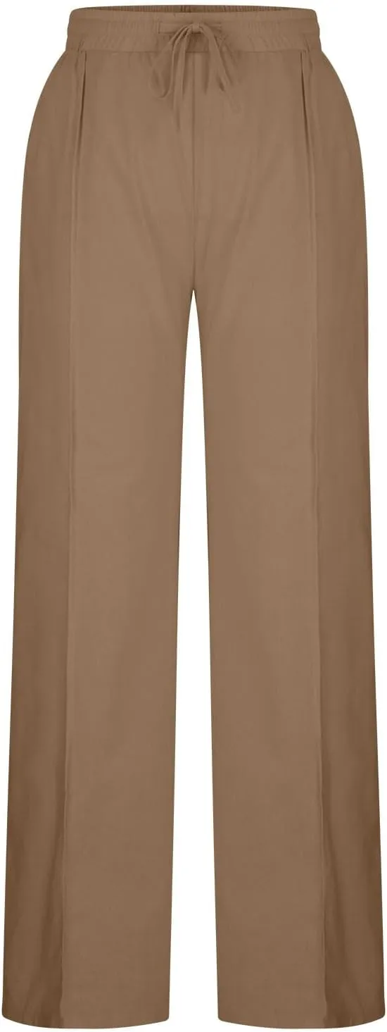 Womens Linen Pants Summer Boho Drawstring Elastic High Waist Loose Wide Leg Trousers with Pockets
