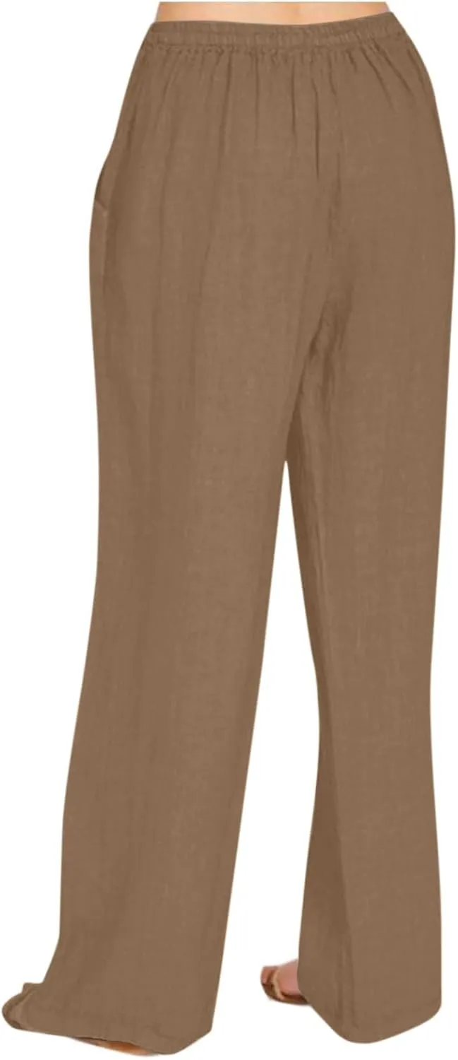 Womens Linen Pants Summer Boho Drawstring Elastic High Waist Loose Wide Leg Trousers with Pockets