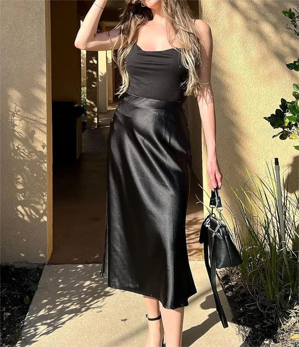Womens Long Satin Skirt Silk Elegant High Waist Cocktail Party Wedding Mermaid Satin Maxi Skirts A-line Midi Skirt