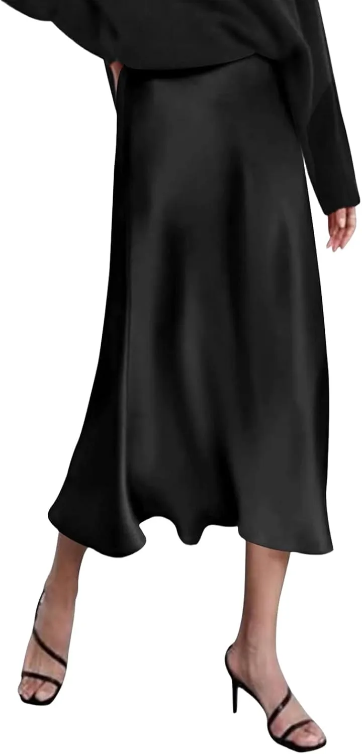 Womens Long Satin Skirt Silk Elegant High Waist Cocktail Party Wedding Mermaid Satin Maxi Skirts A-line Midi Skirt