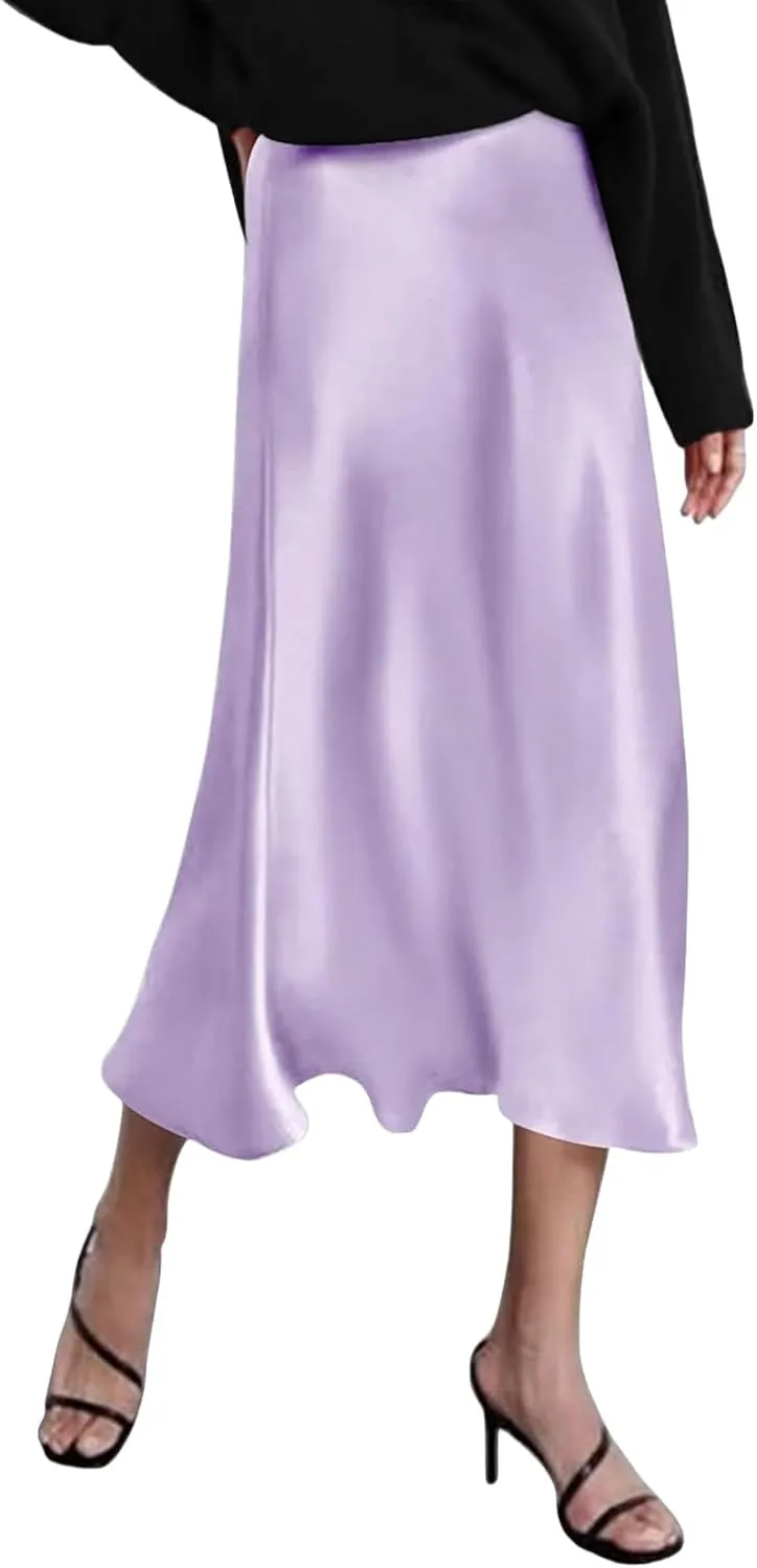 Womens Long Satin Skirt Silk Elegant High Waist Cocktail Party Wedding Mermaid Satin Maxi Skirts A-line Midi Skirt