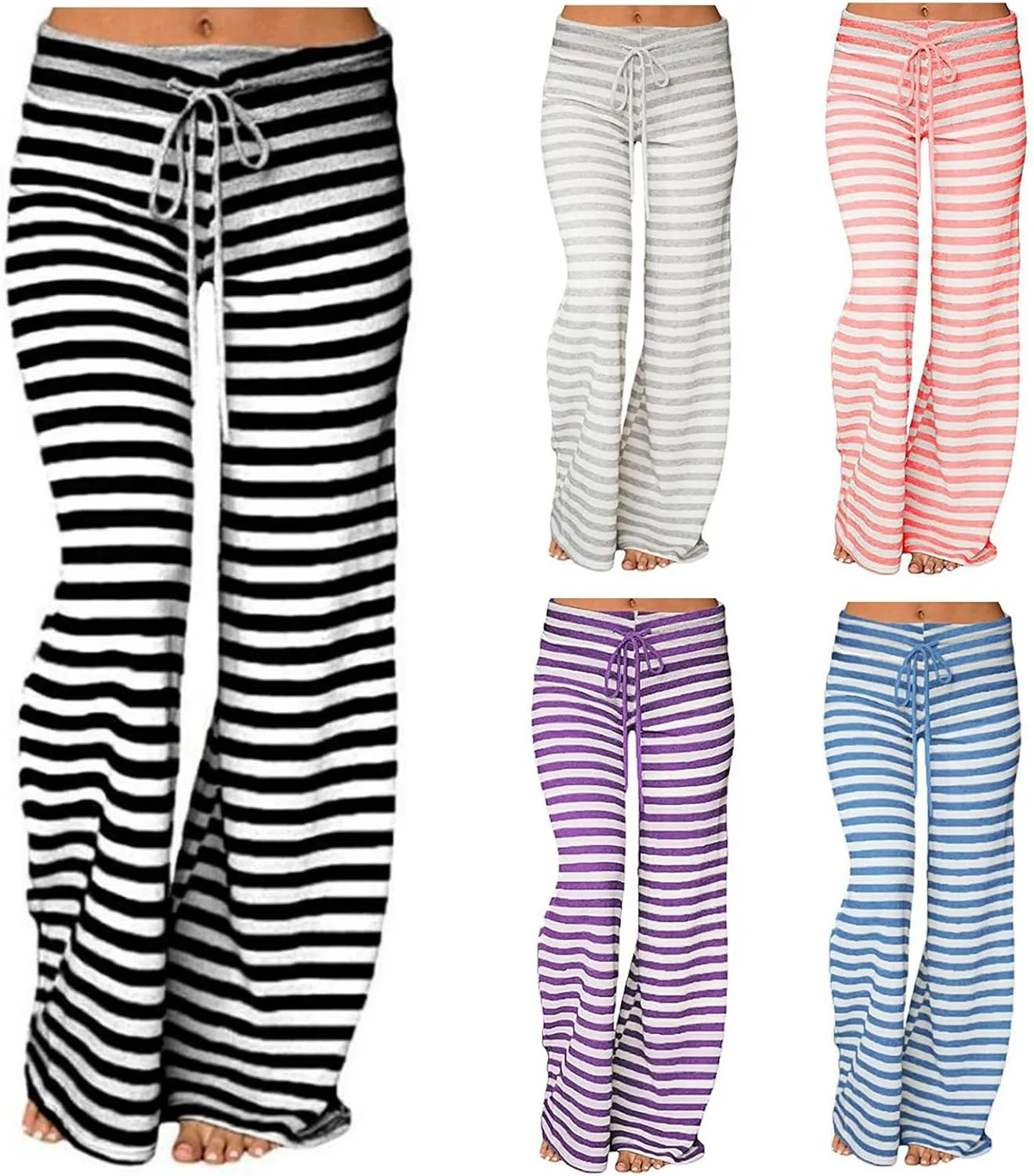 Women's Lounge Pants Straight Leg Drawstring Elastic Waist Stripe Ribbed Sweatpants Comfy Casual Loose Pajama Trousers