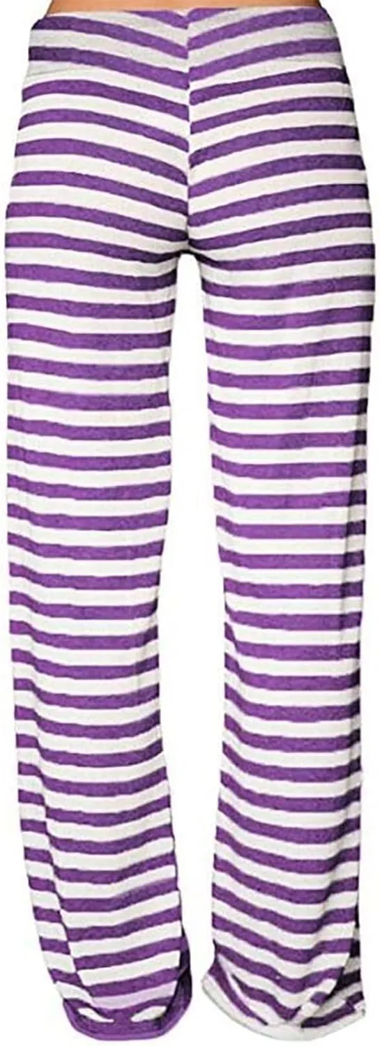 Women's Lounge Pants Straight Leg Drawstring Elastic Waist Stripe Ribbed Sweatpants Comfy Casual Loose Pajama Trousers