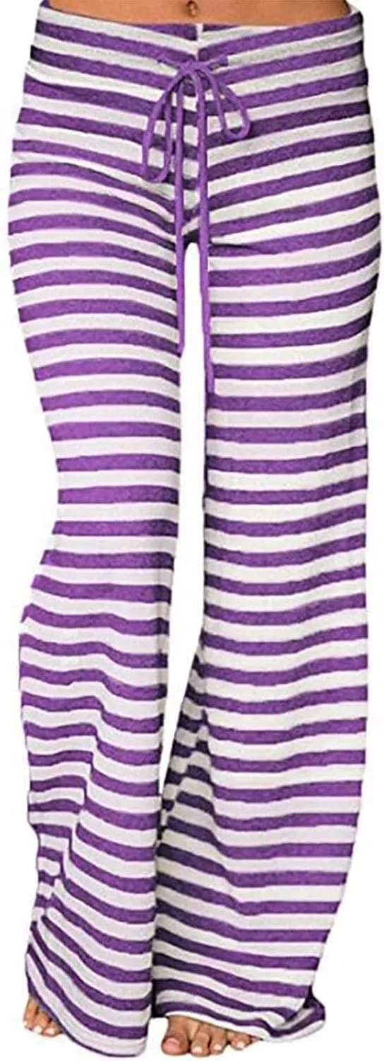Women's Lounge Pants Straight Leg Drawstring Elastic Waist Stripe Ribbed Sweatpants Comfy Casual Loose Pajama Trousers