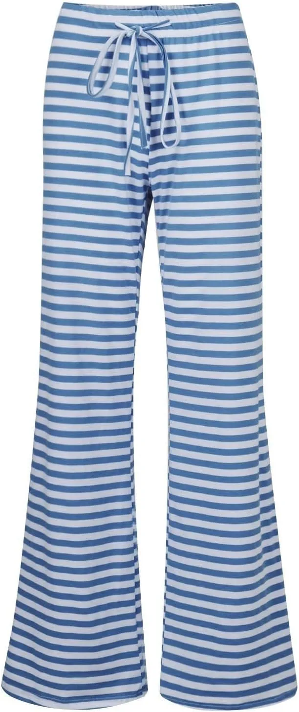 Women's Lounge Pants Straight Leg Drawstring Elastic Waist Stripe Ribbed Sweatpants Comfy Casual Loose Pajama Trousers