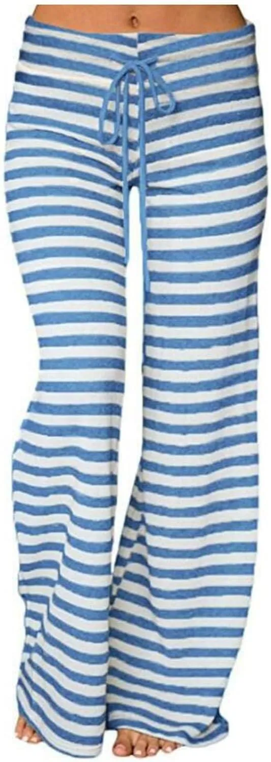 Women's Lounge Pants Straight Leg Drawstring Elastic Waist Stripe Ribbed Sweatpants Comfy Casual Loose Pajama Trousers