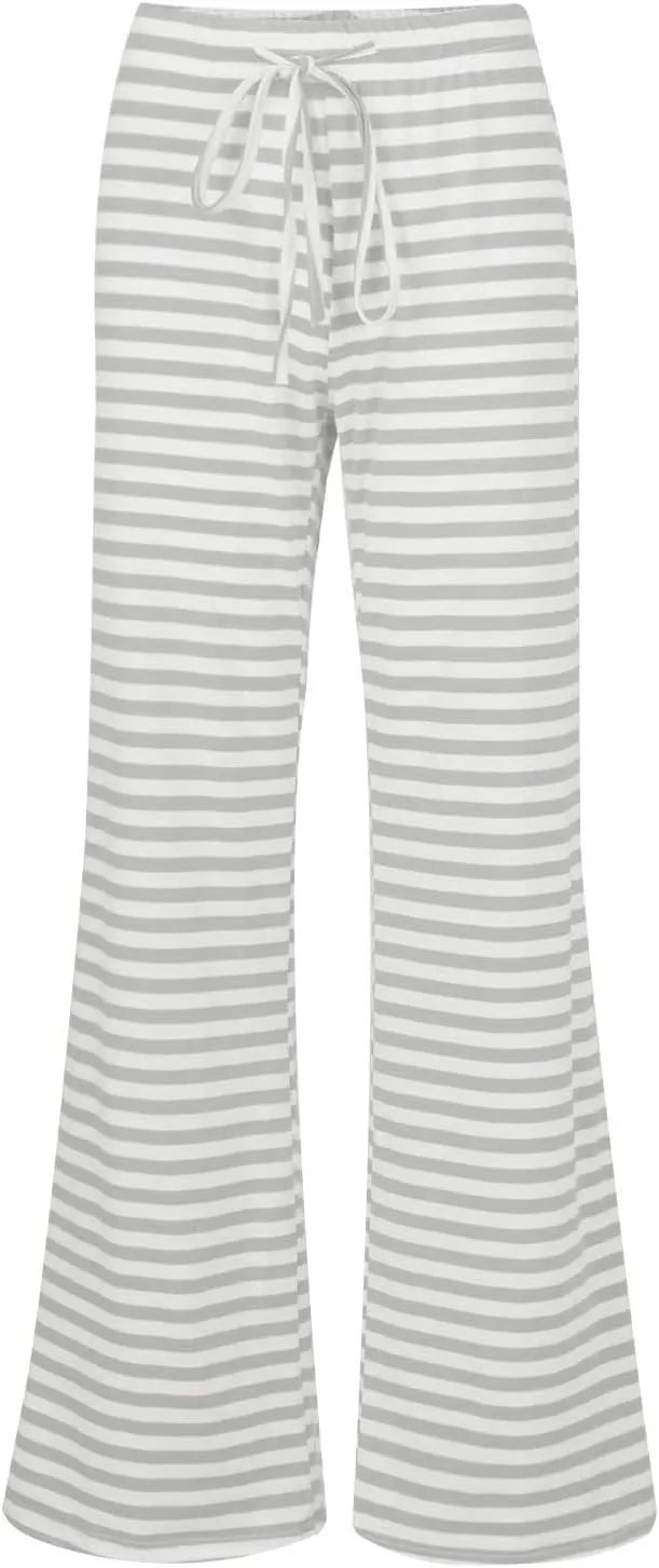 Women's Lounge Pants Straight Leg Drawstring Elastic Waist Stripe Ribbed Sweatpants Comfy Casual Loose Pajama Trousers
