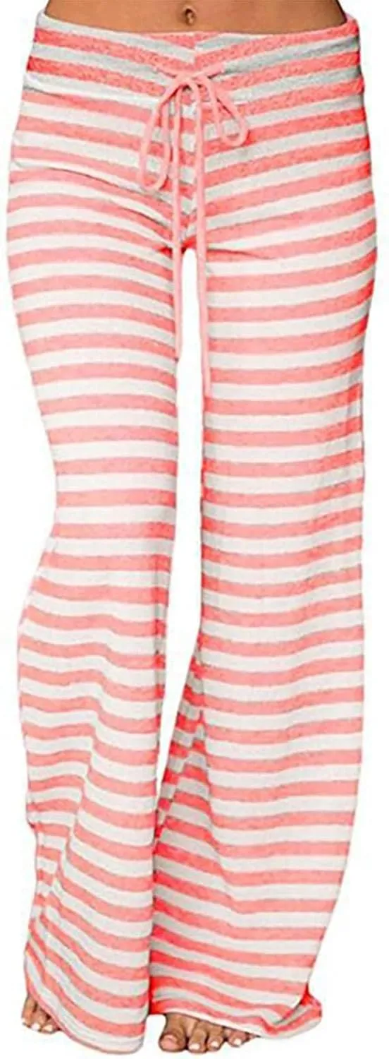 Women's Lounge Pants Straight Leg Drawstring Elastic Waist Stripe Ribbed Sweatpants Comfy Casual Loose Pajama Trousers