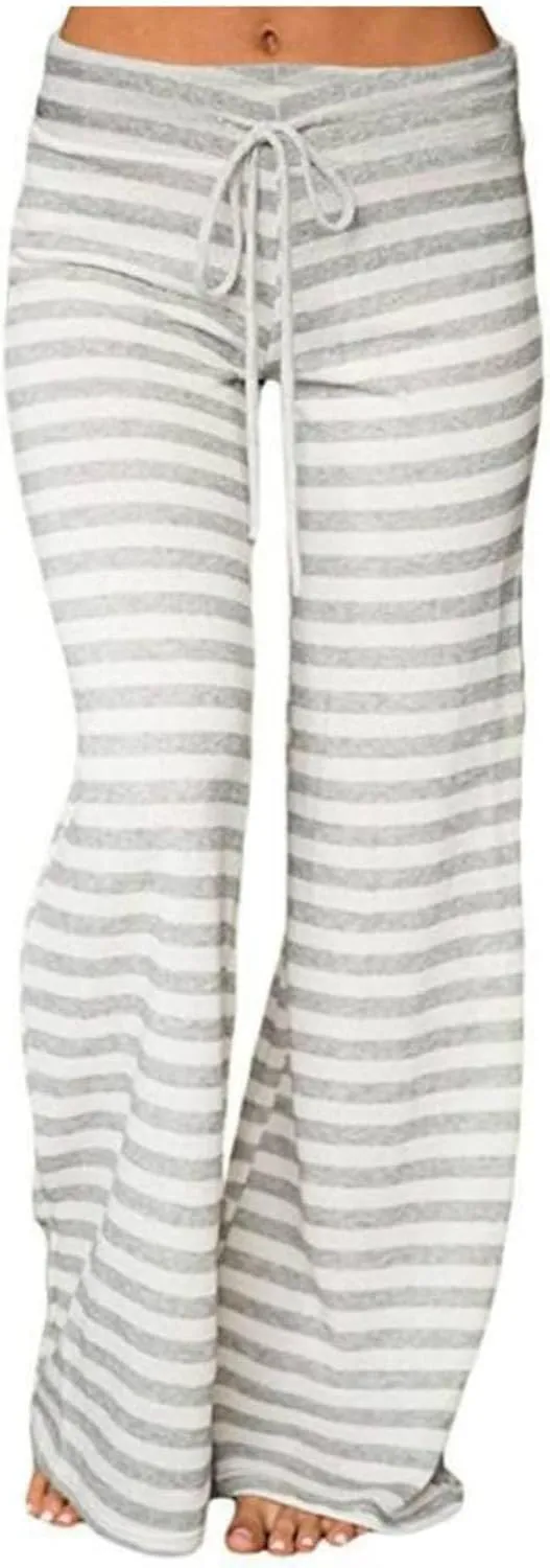 Women's Lounge Pants Straight Leg Drawstring Elastic Waist Stripe Ribbed Sweatpants Comfy Casual Loose Pajama Trousers