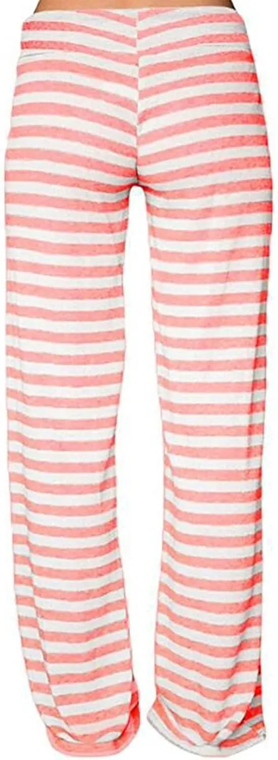 Women's Lounge Pants Straight Leg Drawstring Elastic Waist Stripe Ribbed Sweatpants Comfy Casual Loose Pajama Trousers