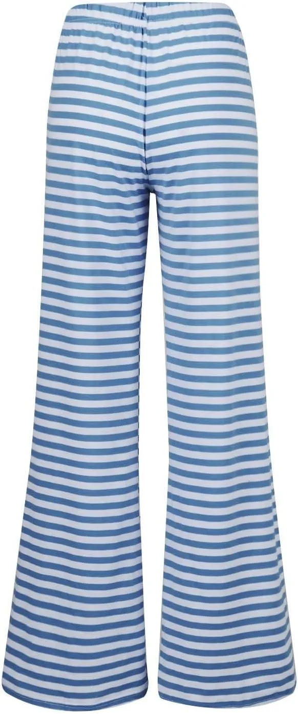 Women's Lounge Pants Straight Leg Drawstring Elastic Waist Stripe Ribbed Sweatpants Comfy Casual Loose Pajama Trousers