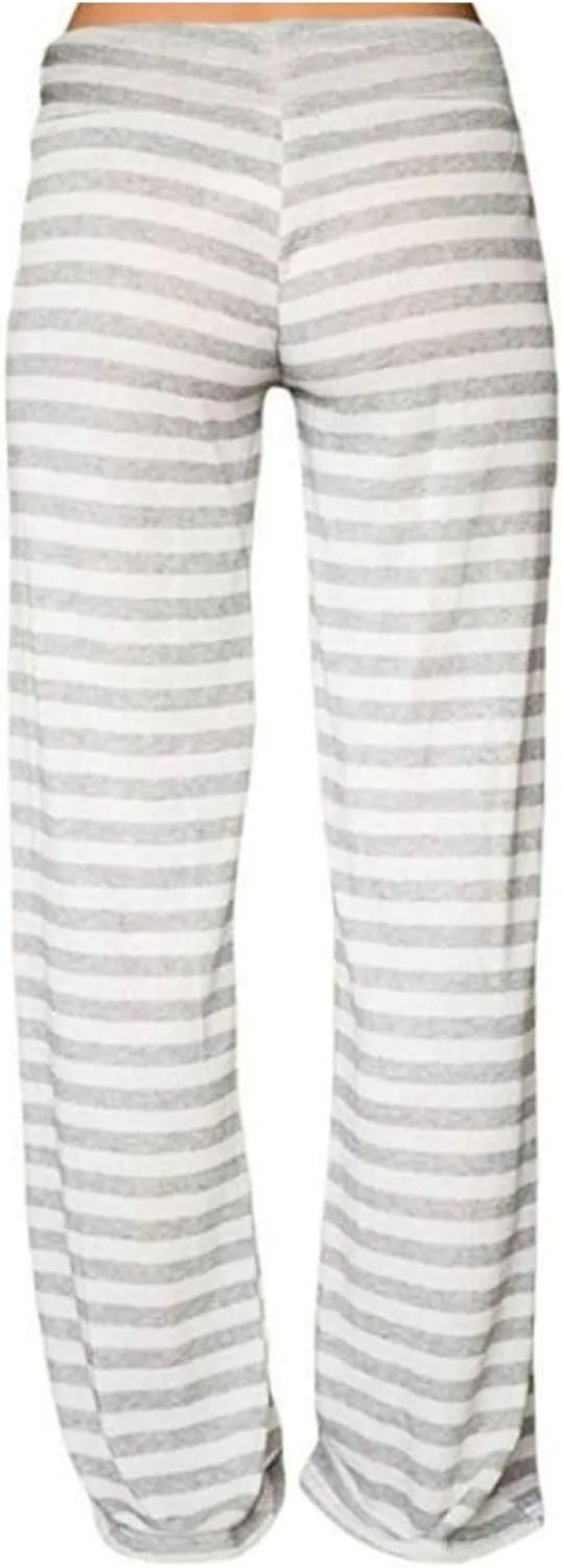 Women's Lounge Pants Straight Leg Drawstring Elastic Waist Stripe Ribbed Sweatpants Comfy Casual Loose Pajama Trousers