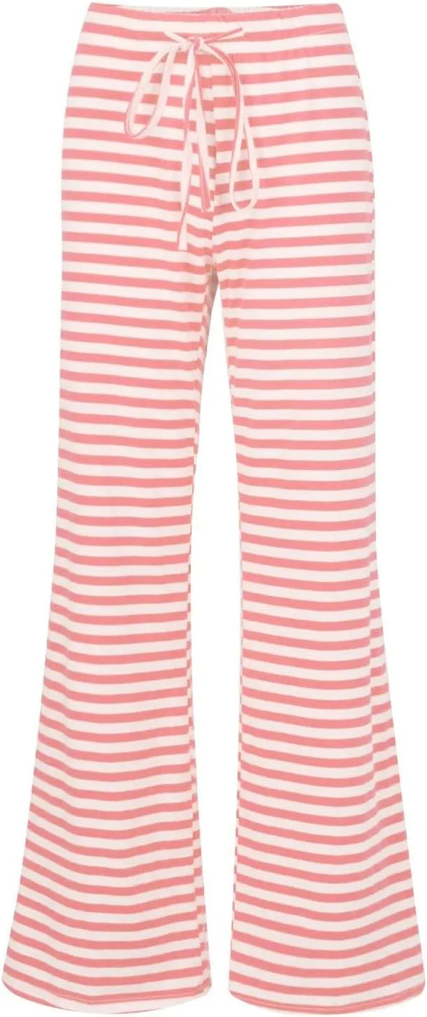 Women's Lounge Pants Straight Leg Drawstring Elastic Waist Stripe Ribbed Sweatpants Comfy Casual Loose Pajama Trousers