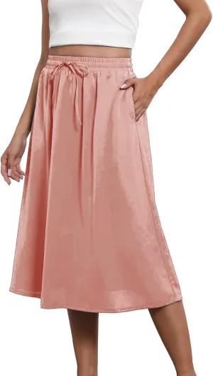 Womens Maxi Boho Skirts Trendy Summer Flowy Floral Midi Skirts with Pockets Lightweight Drawstring High Waisted Skirt