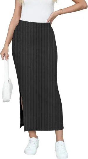 Women's Maxi Skirt Fall Elastic High Waisted Side Slit Casual Stretchy Skirts