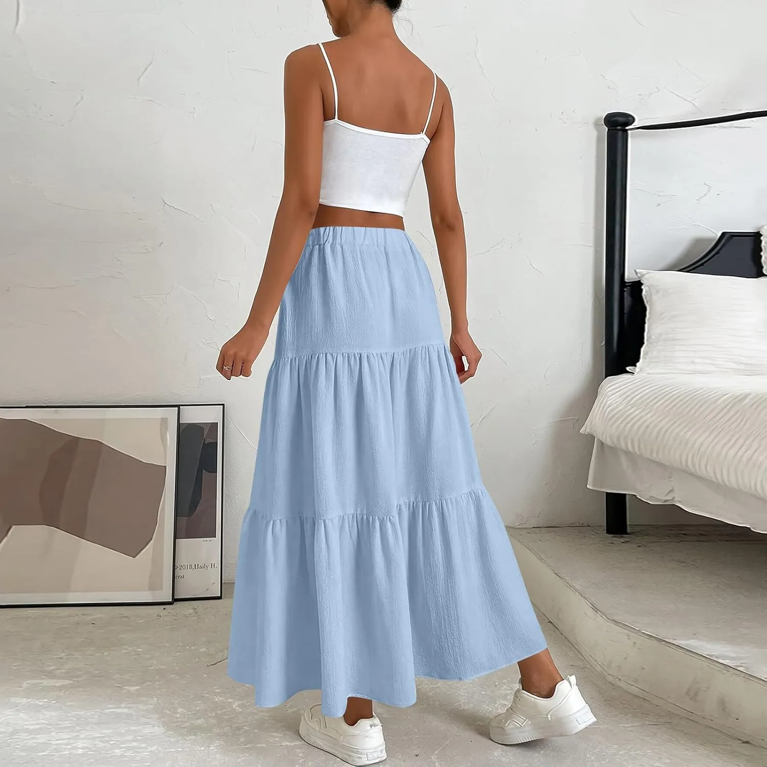 Womens Maxi Skirts Summer Drawstring Elastic High Waisted Aline Skirt Work Layered Tiered Pleated Long Skirts (S-2Xl)