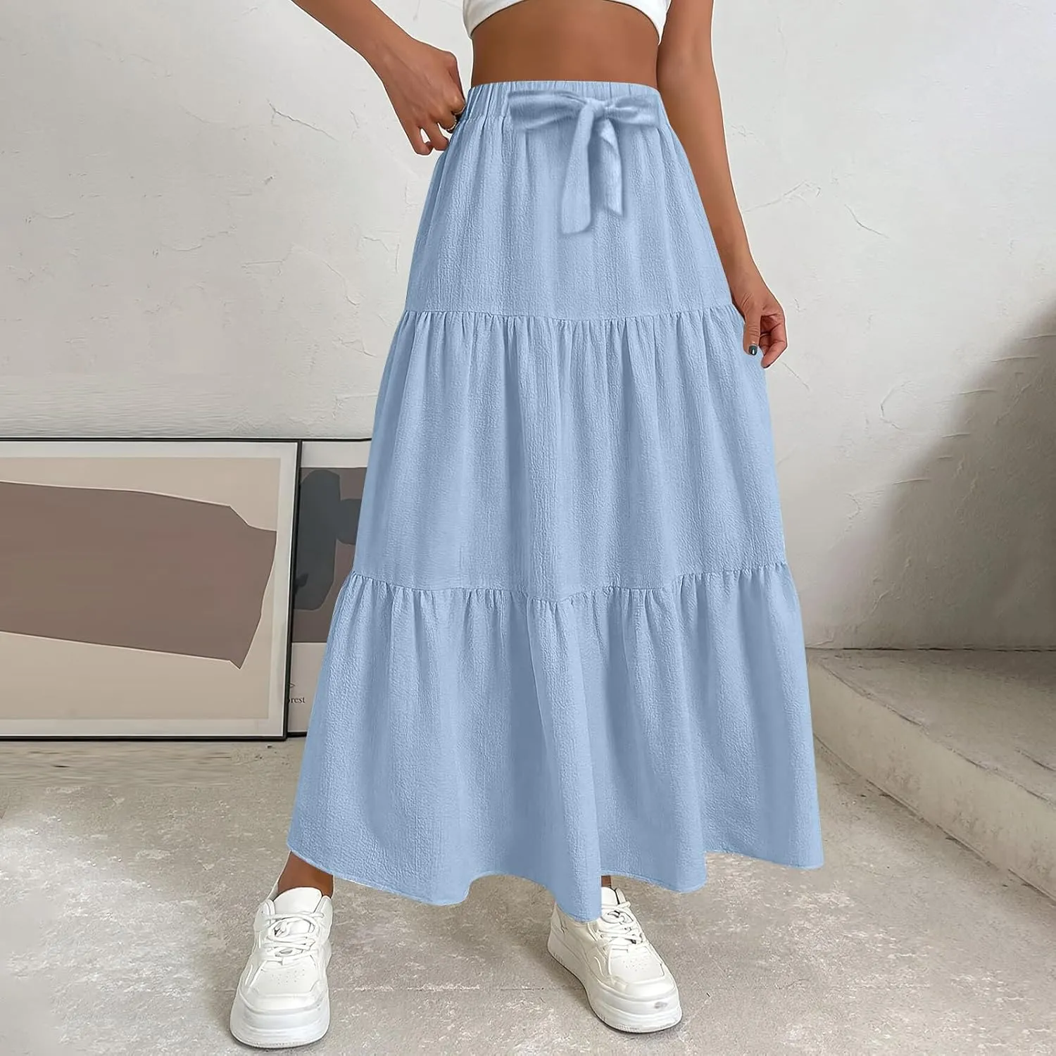 Womens Maxi Skirts Summer Drawstring Elastic High Waisted Aline Skirt Work Layered Tiered Pleated Long Skirts (S-2Xl)