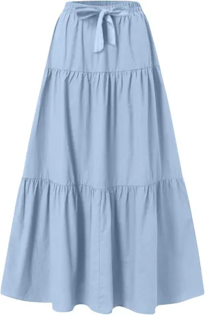 Womens Maxi Skirts Summer Drawstring Elastic High Waisted Aline Skirt Work Layered Tiered Pleated Long Skirts (S-2Xl)