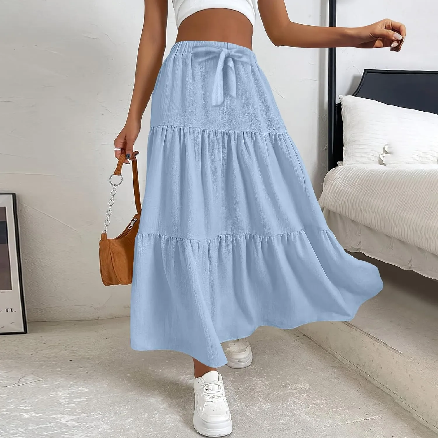 Womens Maxi Skirts Summer Drawstring Elastic High Waisted Aline Skirt Work Layered Tiered Pleated Long Skirts (S-2Xl)