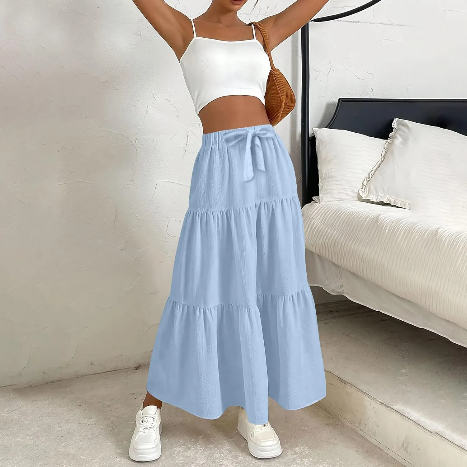 Womens Maxi Skirts Summer Drawstring Elastic High Waisted Aline Skirt Work Layered Tiered Pleated Long Skirts (S-2Xl)