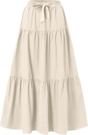 Womens Maxi Skirts Summer Drawstring Elastic High Waisted Aline Skirt Work Layered Tiered Pleated Long Skirts (S-2Xl)