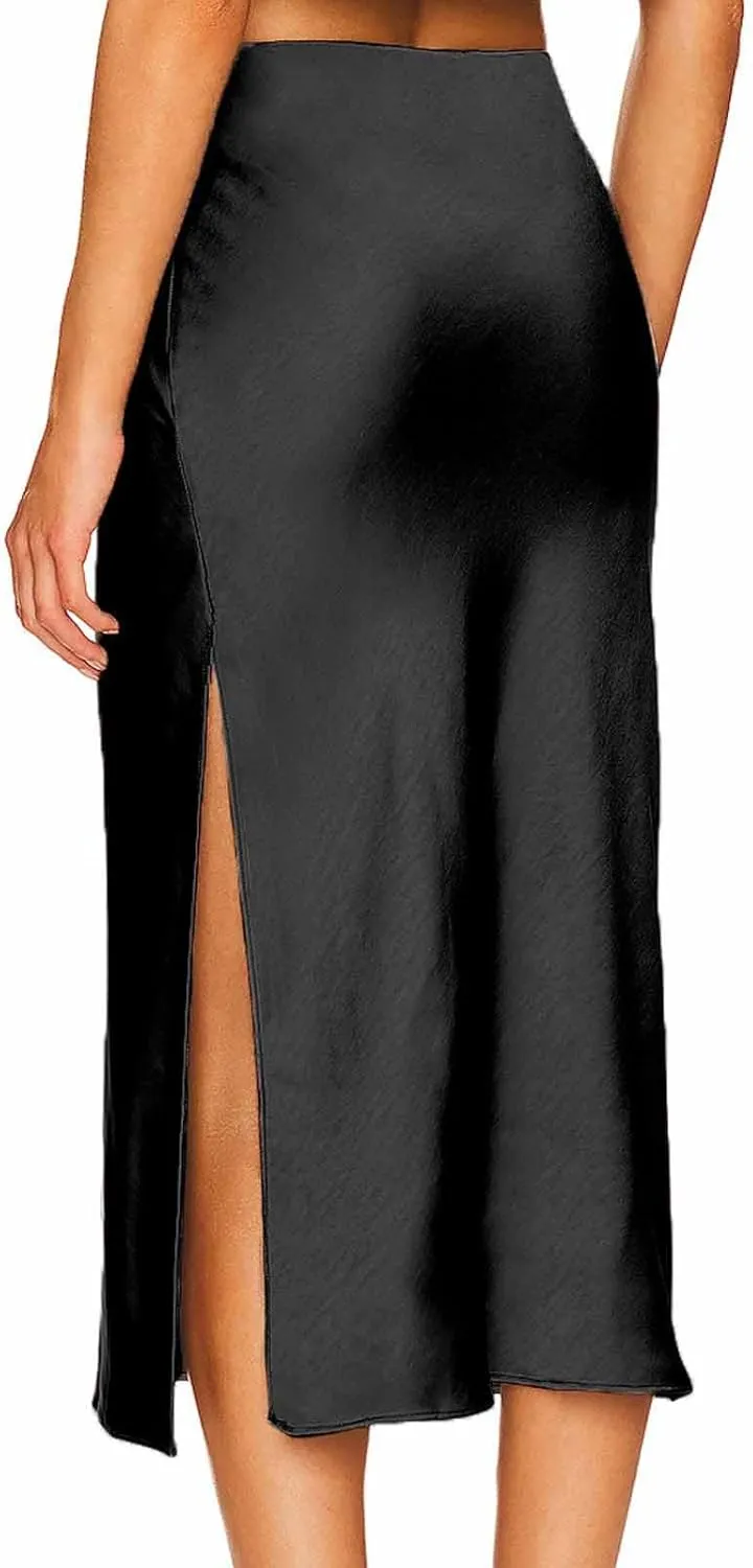 Womens Satin Silk High Waist Long Skirt Sexy Side Slit Elegant Maxi Skirts Cocktail Party Work Casual A Line Skirts
