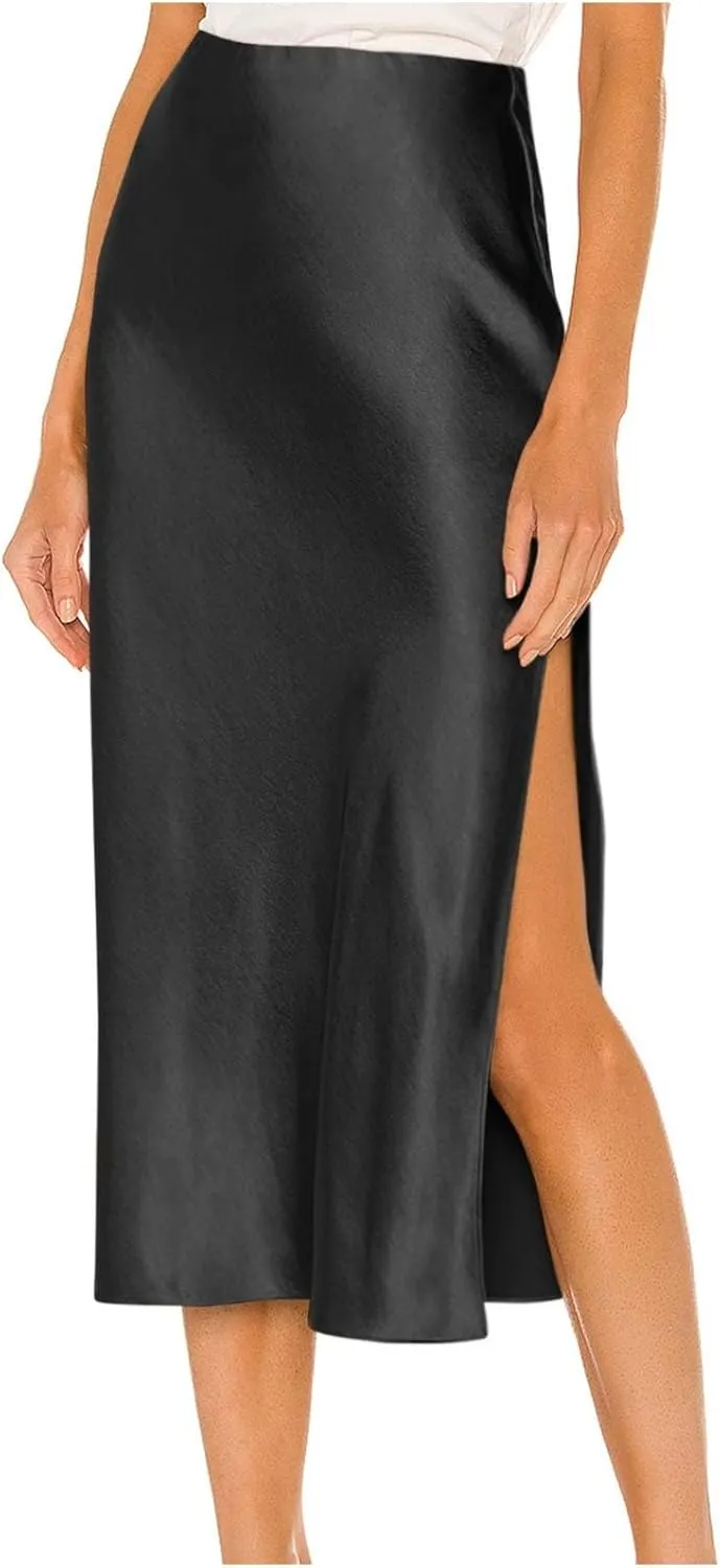 Womens Satin Silk High Waist Long Skirt Sexy Side Slit Elegant Maxi Skirts Cocktail Party Work Casual A Line Skirts