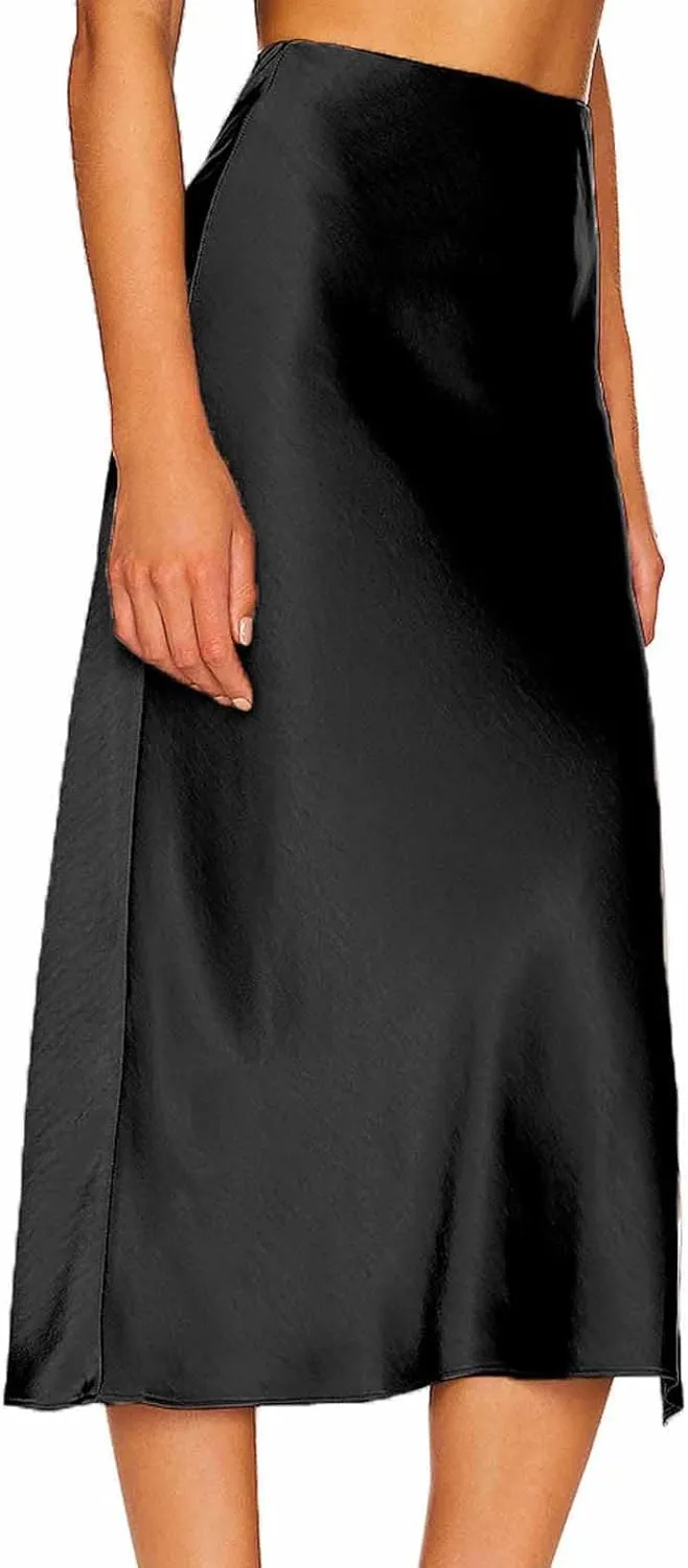 Womens Satin Silk High Waist Long Skirt Sexy Side Slit Elegant Maxi Skirts Cocktail Party Work Casual A Line Skirts