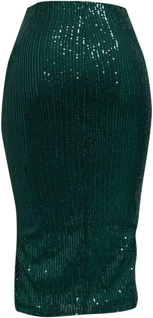 Women's Sequin Skirt Midi High Waist Elegant Stretchy Sparkle Side Slit Pencil Skirt Party Cocktail Wedding Guest