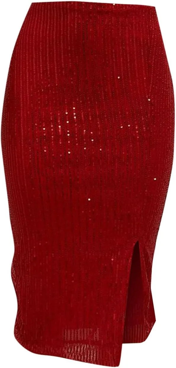 Women's Sequin Skirt Midi High Waist Elegant Stretchy Sparkle Side Slit Pencil Skirt Party Cocktail Wedding Guest