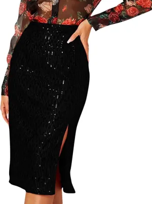 Women's Sequin Skirt Midi High Waist Elegant Stretchy Sparkle Side Slit Pencil Skirt Party Cocktail Wedding Guest