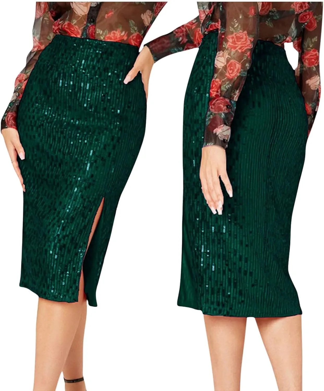 Women's Sequin Skirt Midi High Waist Elegant Stretchy Sparkle Side Slit Pencil Skirt Party Cocktail Wedding Guest