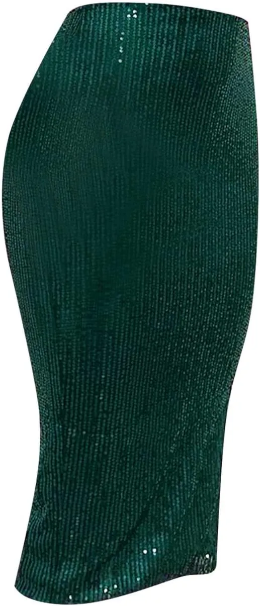 Women's Sequin Skirt Midi High Waist Elegant Stretchy Sparkle Side Slit Pencil Skirt Party Cocktail Wedding Guest