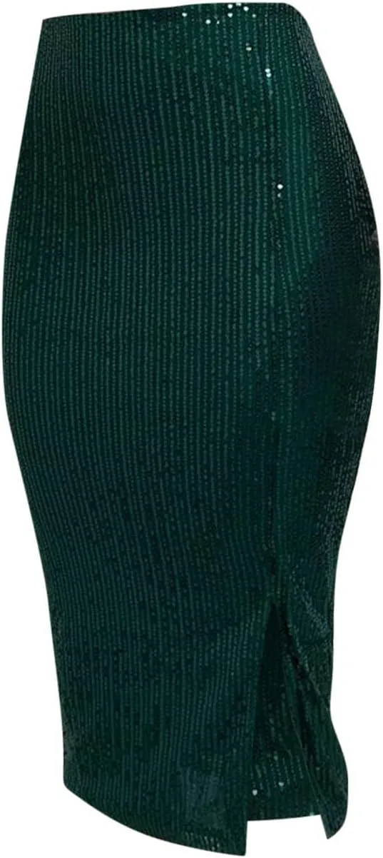 Women's Sequin Skirt Midi High Waist Elegant Stretchy Sparkle Side Slit Pencil Skirt Party Cocktail Wedding Guest