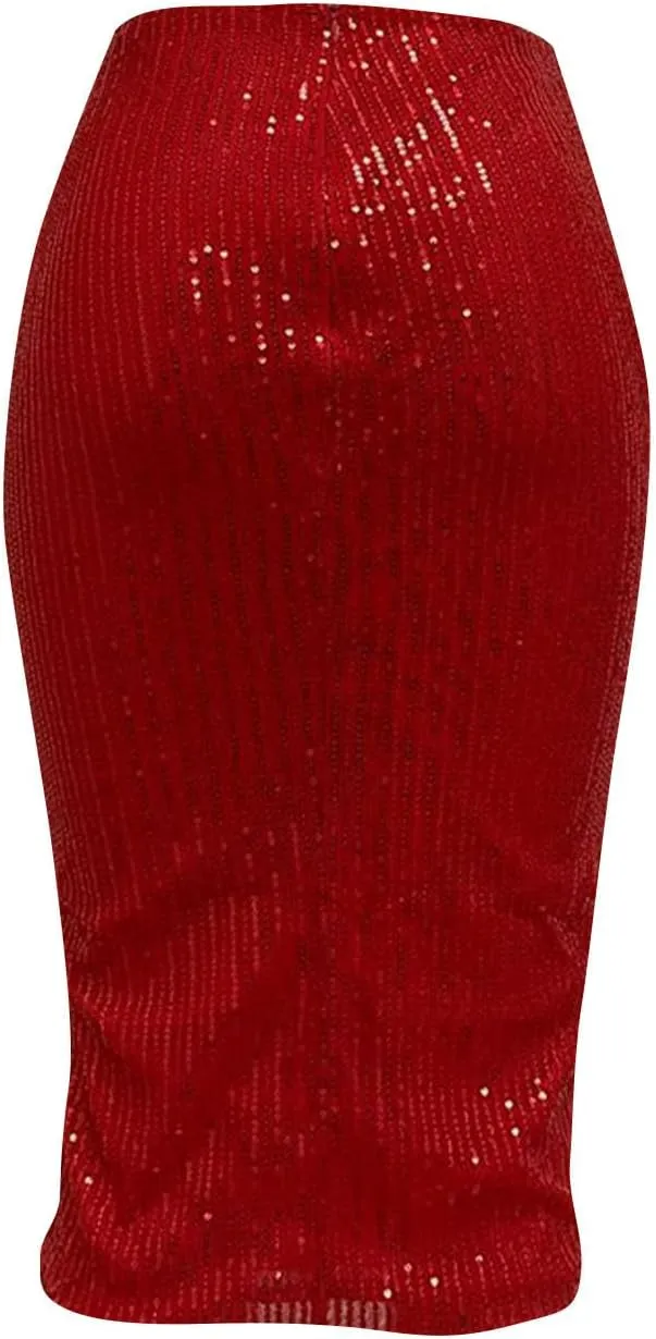 Women's Sequin Skirt Midi High Waist Elegant Stretchy Sparkle Side Slit Pencil Skirt Party Cocktail Wedding Guest