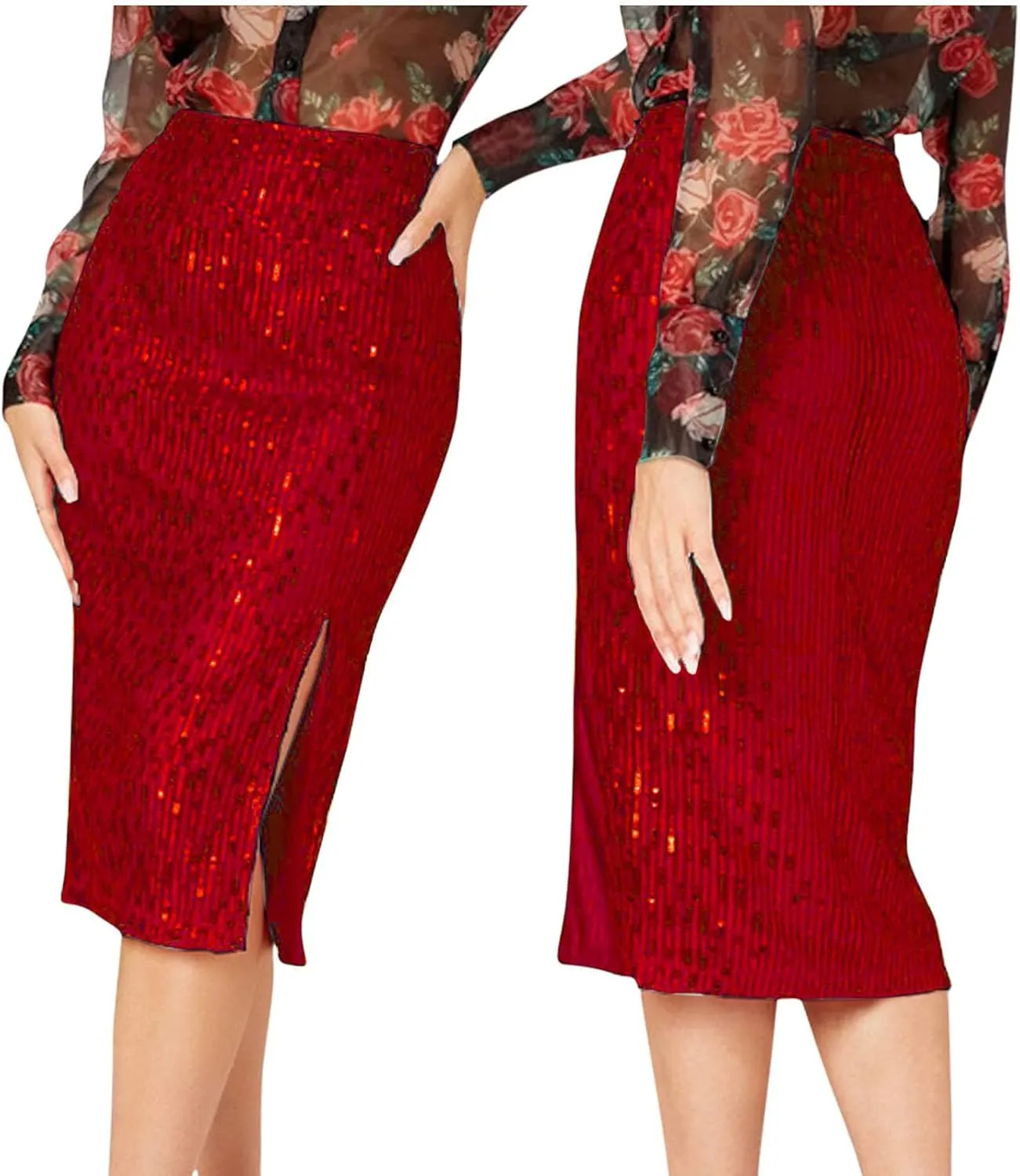 Women's Sequin Skirt Midi High Waist Elegant Stretchy Sparkle Side Slit Pencil Skirt Party Cocktail Wedding Guest