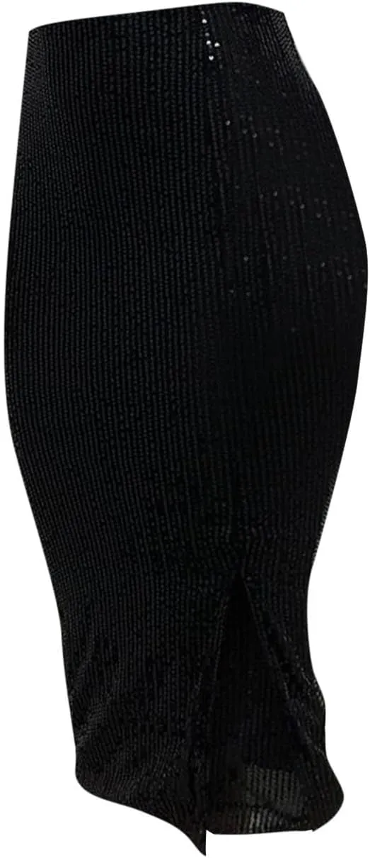 Women's Sequin Skirt Midi High Waist Elegant Stretchy Sparkle Side Slit Pencil Skirt Party Cocktail Wedding Guest