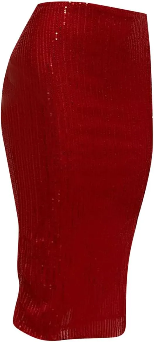 Women's Sequin Skirt Midi High Waist Elegant Stretchy Sparkle Side Slit Pencil Skirt Party Cocktail Wedding Guest