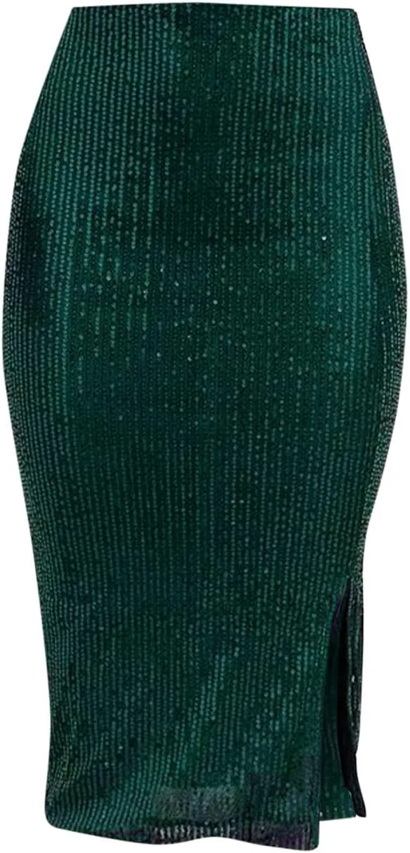 Women's Sequin Skirt Midi High Waist Elegant Stretchy Sparkle Side Slit Pencil Skirt Party Cocktail Wedding Guest