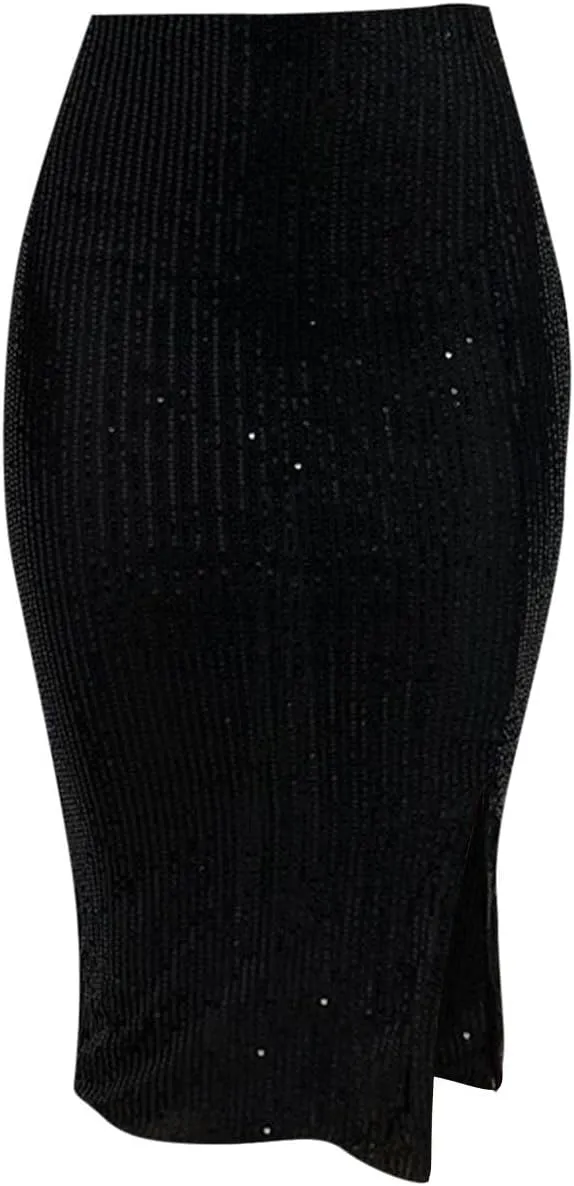 Women's Sequin Skirt Midi High Waist Elegant Stretchy Sparkle Side Slit Pencil Skirt Party Cocktail Wedding Guest