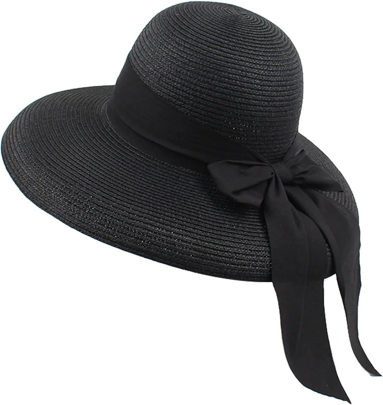 Women's Straw Bucket Hat Beach Hats Foldable Summer Travel Sun Caps Outdoor Fisherman Cap Wide Brim (Black, One Size)