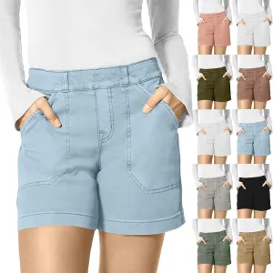 Womens Stretch Twill Shorts Summer Casual Elastic Waist Stretchy Jean Shorts Pull On Chino Denim Shorts with Pockets